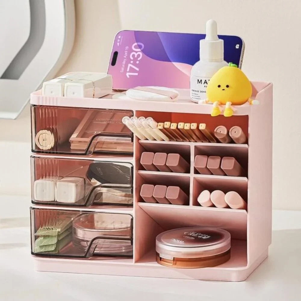 New Pink Makeup Organizer, 3-Drawer Vanity & Skincare Storage for Room Counter